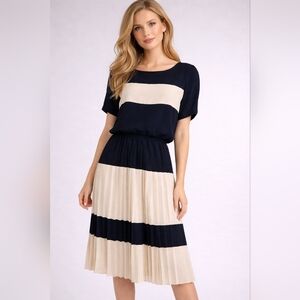 LIZ ROBERTS 1980s Nautical Sailor Pleated Accordian Blouson Chiffon Dress